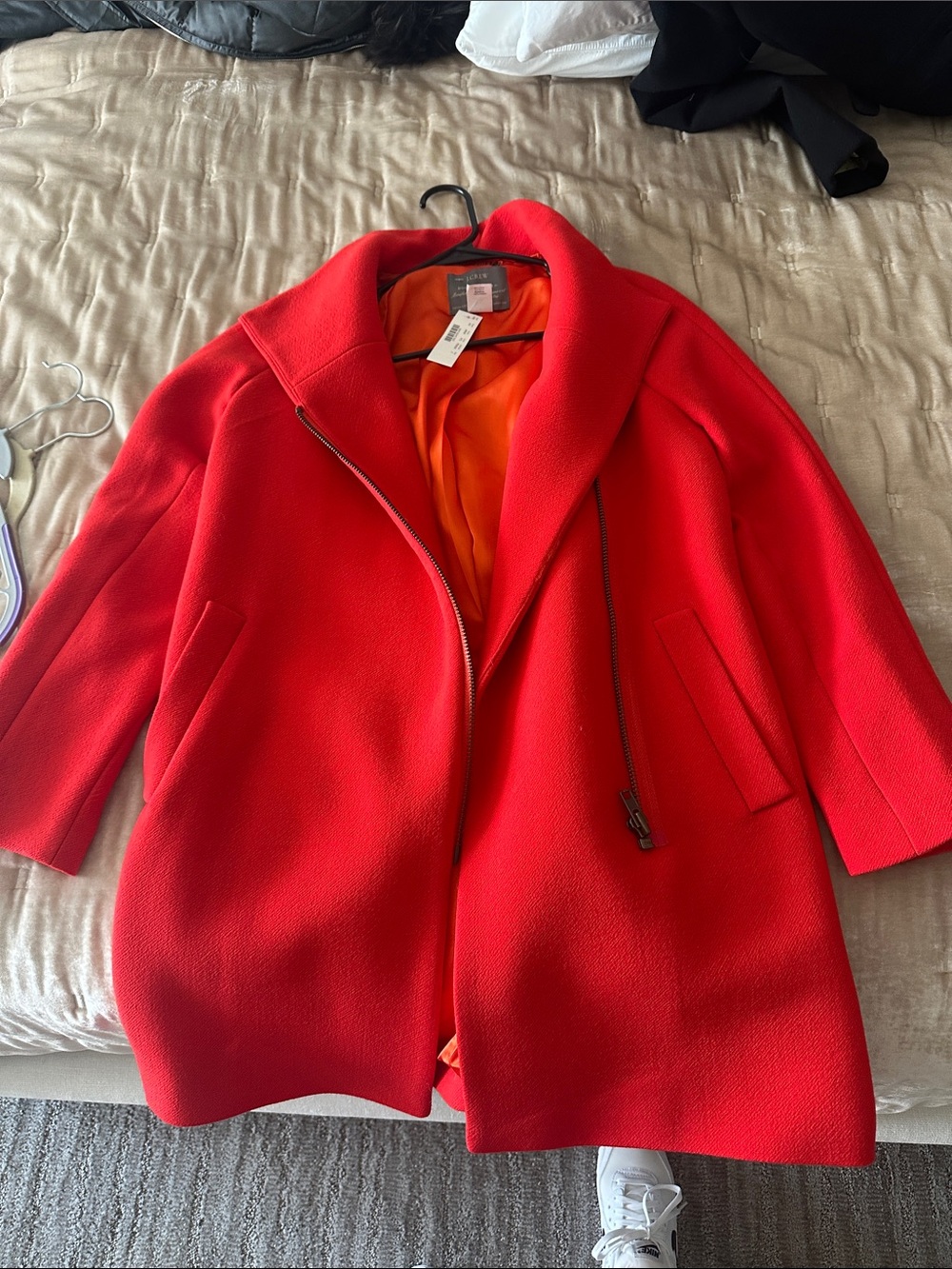 J. Crew Red Wool-Blend Asymmetrical Zip Pea Coat with Orange Lining